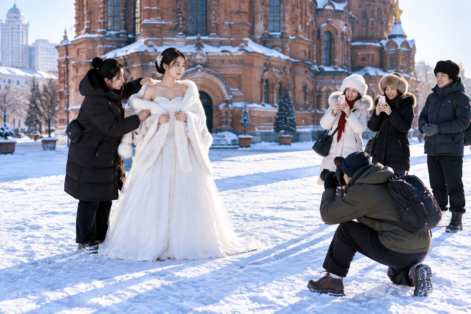 A bride in a white dress posing for wedding photos on the snow-covered square in front of Saint Sophia Cathedral in Harbin, watched by onlookers in winter coats