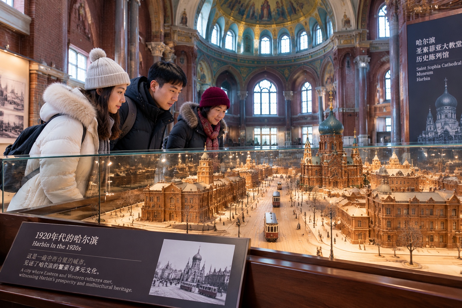 Visitors examining a wooden scale model of historic Harbin inside the Saint Sophia Cathedral museum, with the painted dome above them