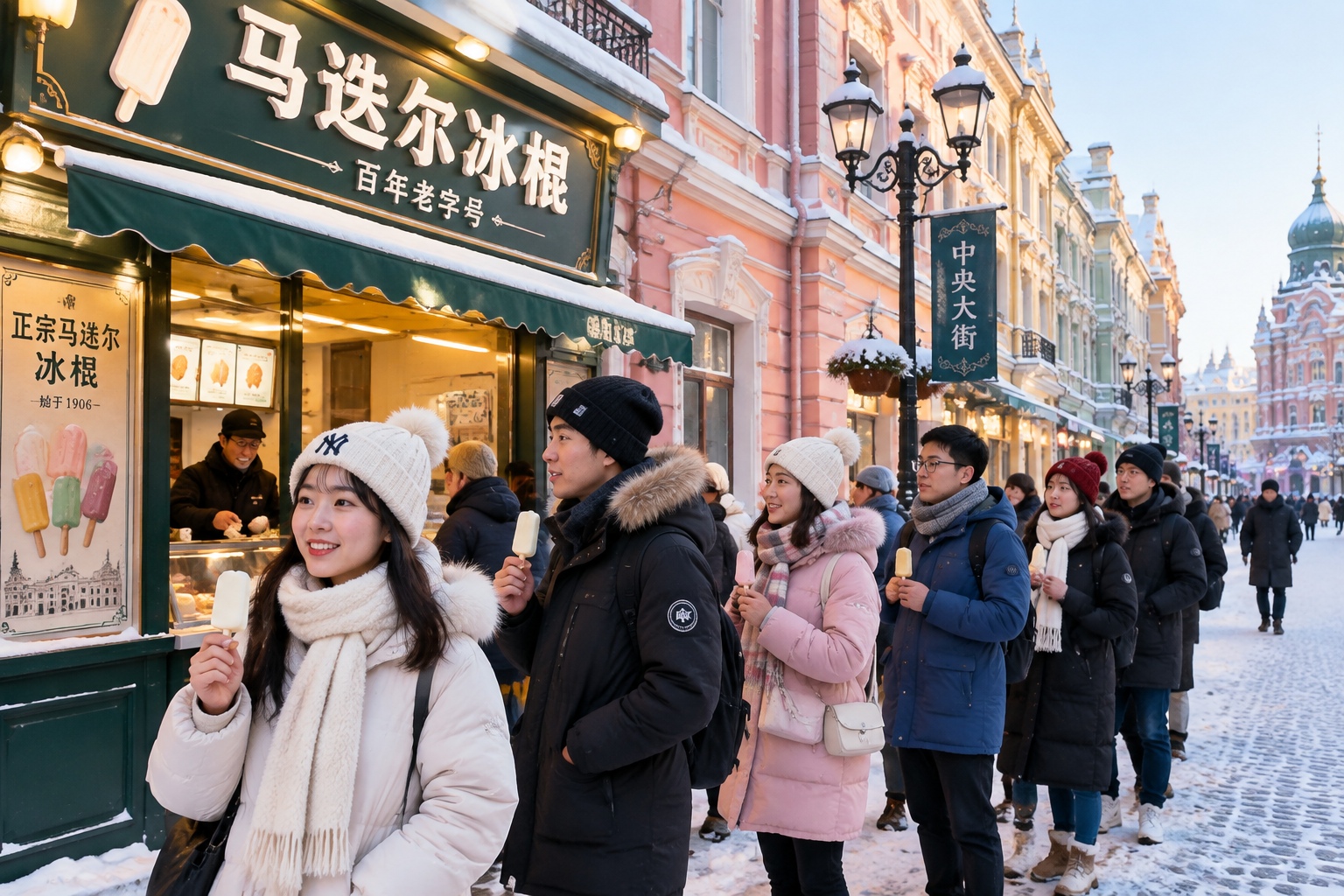 People queuing for ice cream on Central Street in Harbin in winter, eating ice pops in freezing weather outside a pastel-coloured European-style building