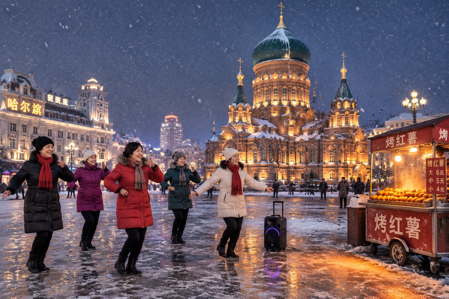 Saint Sophia Cathedral in Harbin lit up at night while women dance in the square and a sweet potato vendor works nearby in the falling snow