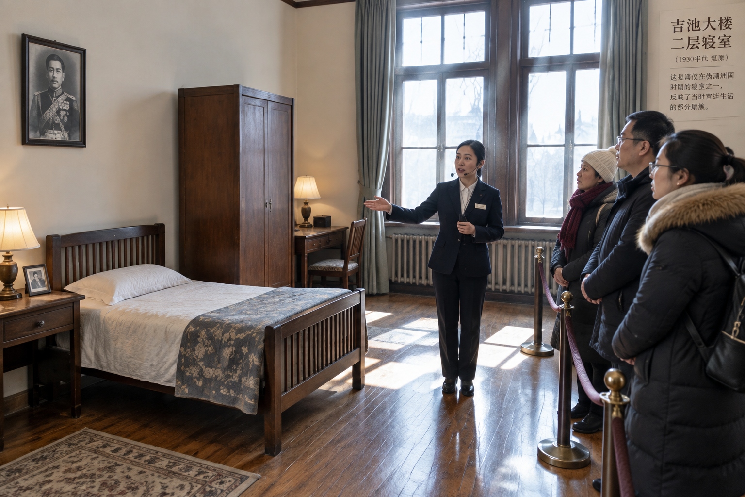 Changchun: The Puppet Emperor's Palace – A Place to Remember a Painful History 22 Restored 1930s bedroom of Puyi on the second floor of the Jixi Building at the Museum of the Imperial Palace of Manchukuo in Changchun, with visitors listening to a guide