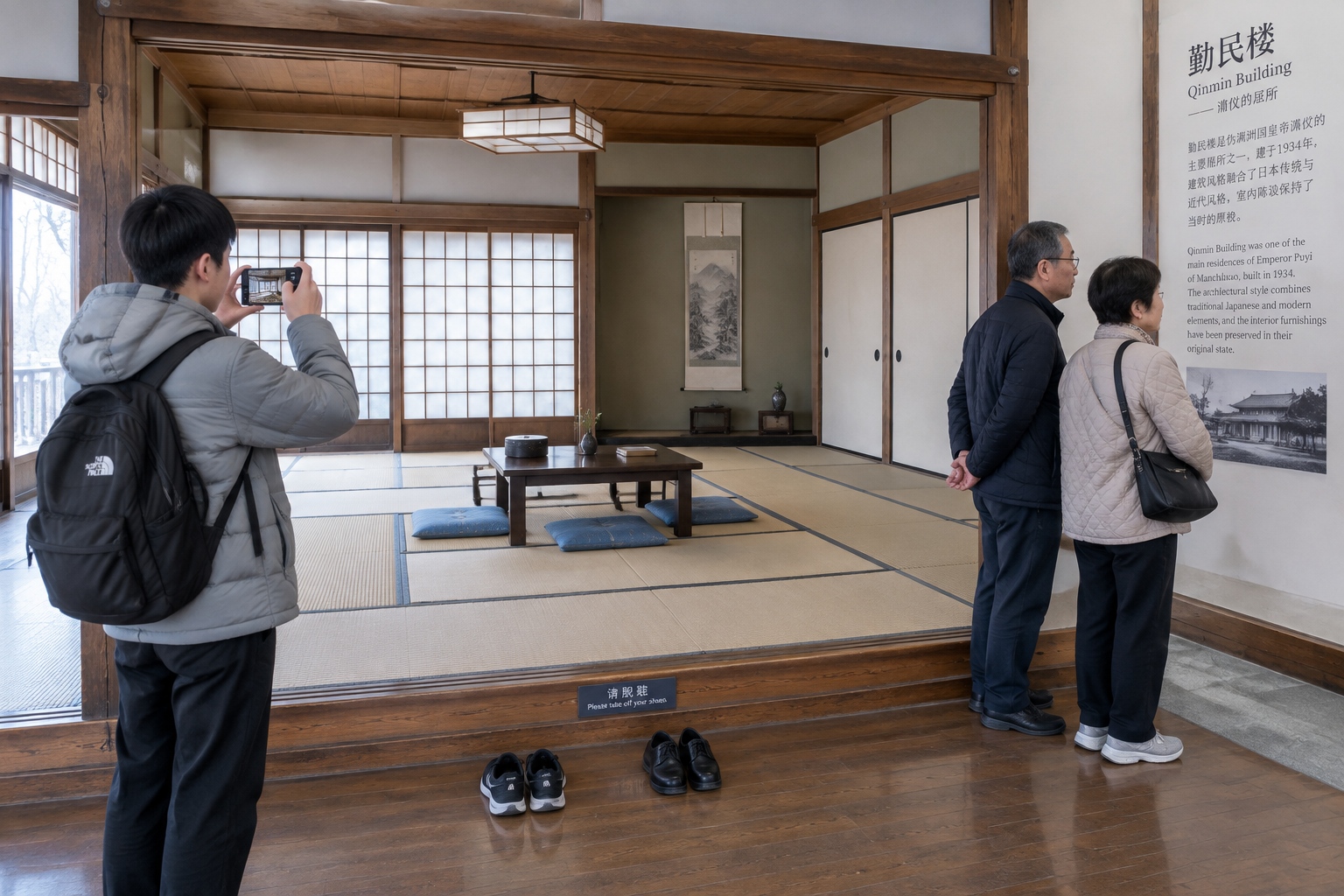 Changchun: The Puppet Emperor's Palace – A Place to Remember a Painful History 23 A teenage visitor photographing a restored Japanese-style tatami room inside the Qinmin Building at the Puppet Emperor's Palace museum in Changchun