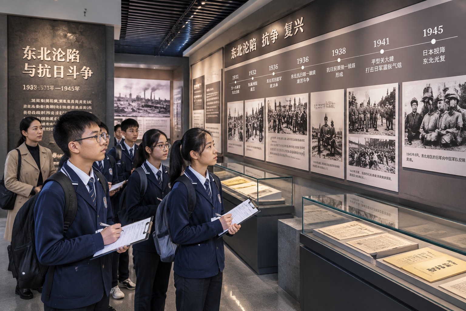 Changchun: The Puppet Emperor's Palace – A Place to Remember a Painful History 24 A school group with worksheets standing quietly before a wall of archival photographs at the Northeast Occupation History Exhibition Hall in Changchun