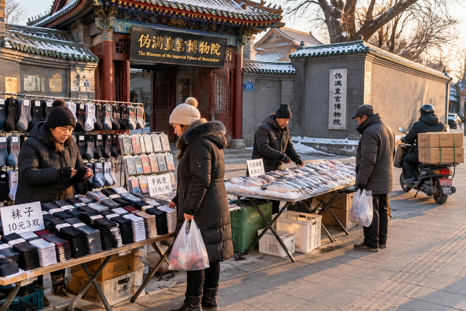 Changchun: The Puppet Emperor's Palace – A Place to Remember a Painful History 25 Wholesale market stalls selling socks, phone cases and frozen fish on the sidewalk outside the wall of the Puppet Emperor's Palace museum in Changchun