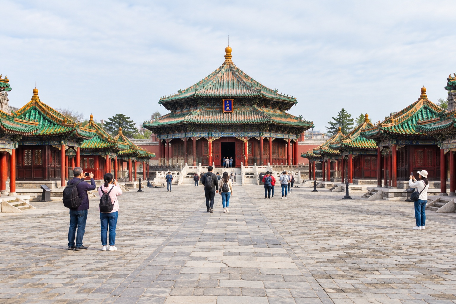 Ten banner pavilions leading toward the octagonal Dazheng Hall in the courtyard of Shenyang Imperial Palace