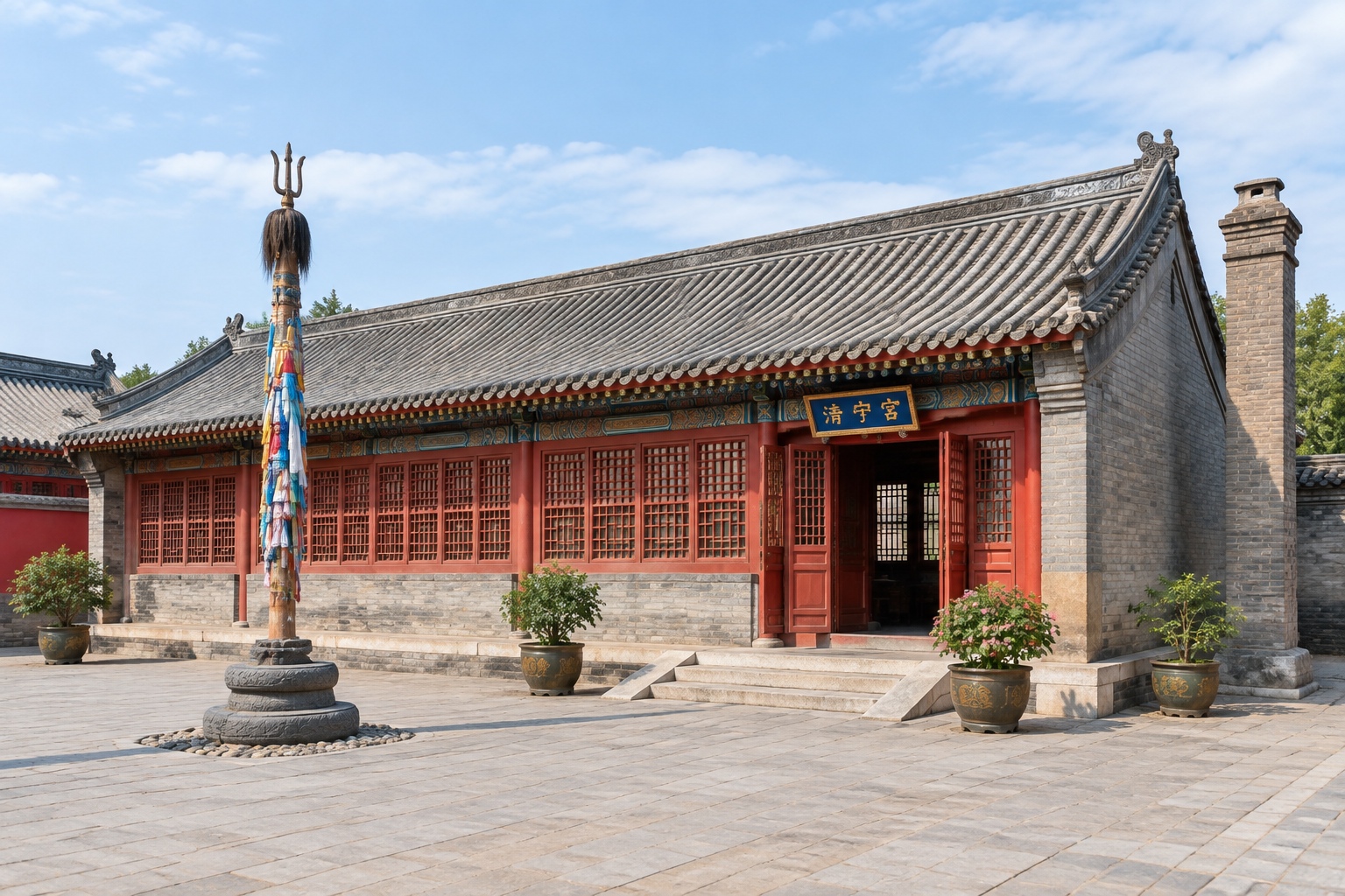 Qingning Palace at Shenyang Imperial Palace, with a ground-level chimney and the entrance set off-centre on the east side