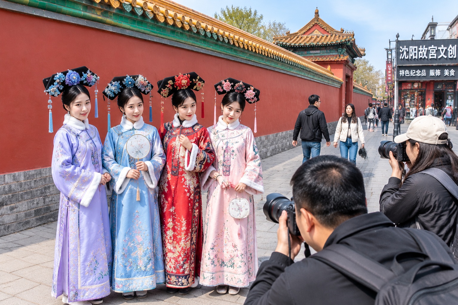 Young women in rented Manchu-style robes posing for photographers against the red wall outside Shenyang Imperial Palace