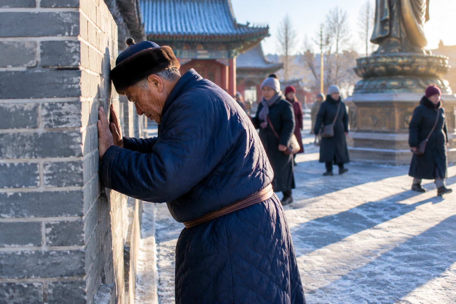 An elderly man in a quilted winter coat presses both palms against a temple wall in quiet prayer while other worshippers walk past at dawn in Hohhot, China