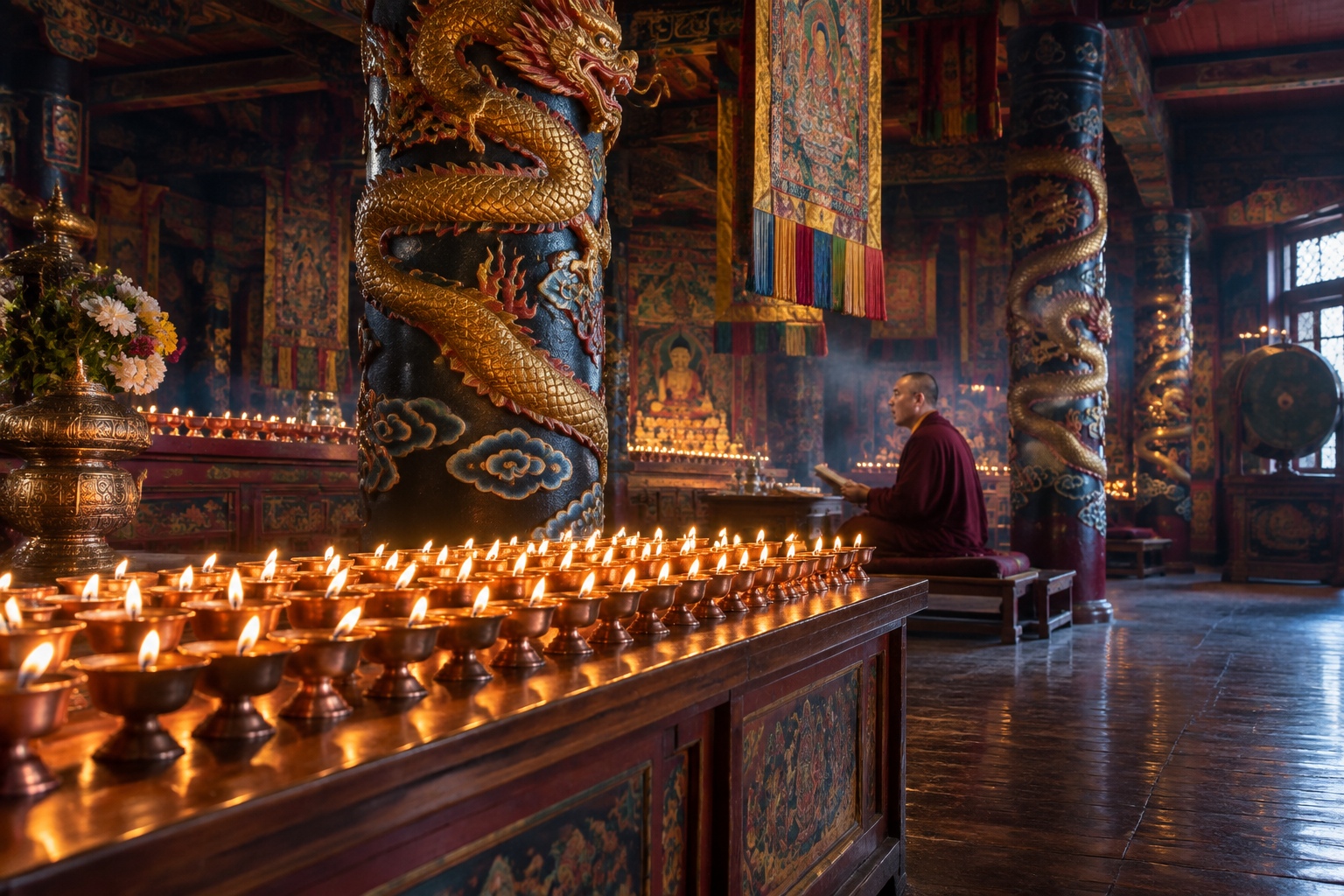 Rows of burning butter lamps light a dim temple hall in Hohhot, where carved dragon pillars stand behind the altar and a monk chants in the background