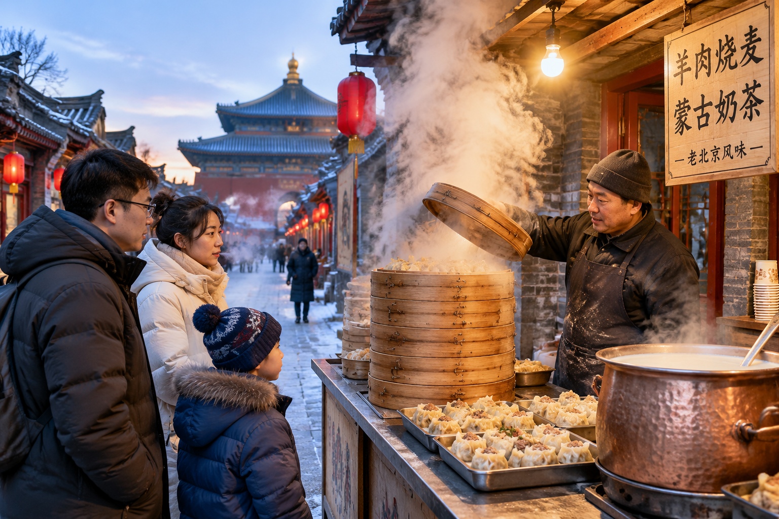 Steam rises from stacked bamboo steamers at a dumpling stall on Sai Shang Old Street in Hohhot as customers wait in the winter dusk