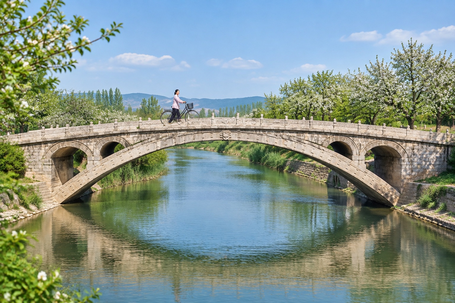 Zhaozhou Bridge in Zhao County, Hebei, with a local woman walking a bicycle across the ancient stone arch over the Xiao River.