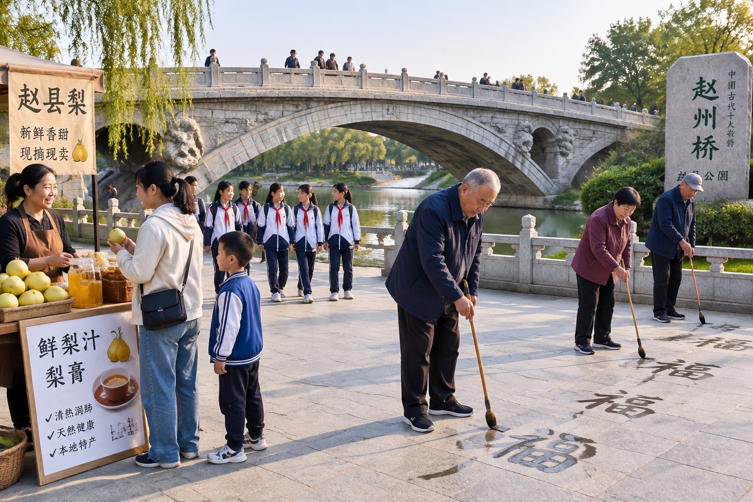 Visitors and local vendors at the Zhaozhou Bridge heritage park in Zhao County, with stone carvings and pear products nearby.