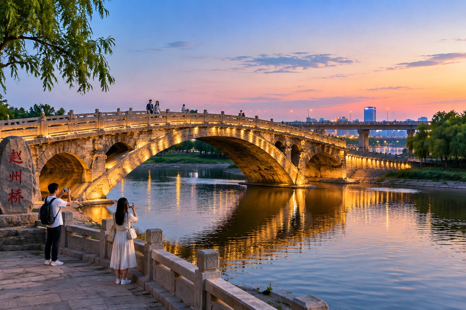 Zhaozhou Bridge at dusk over the Xiao River, with visitors taking photos and modern infrastructure visible in the distance.