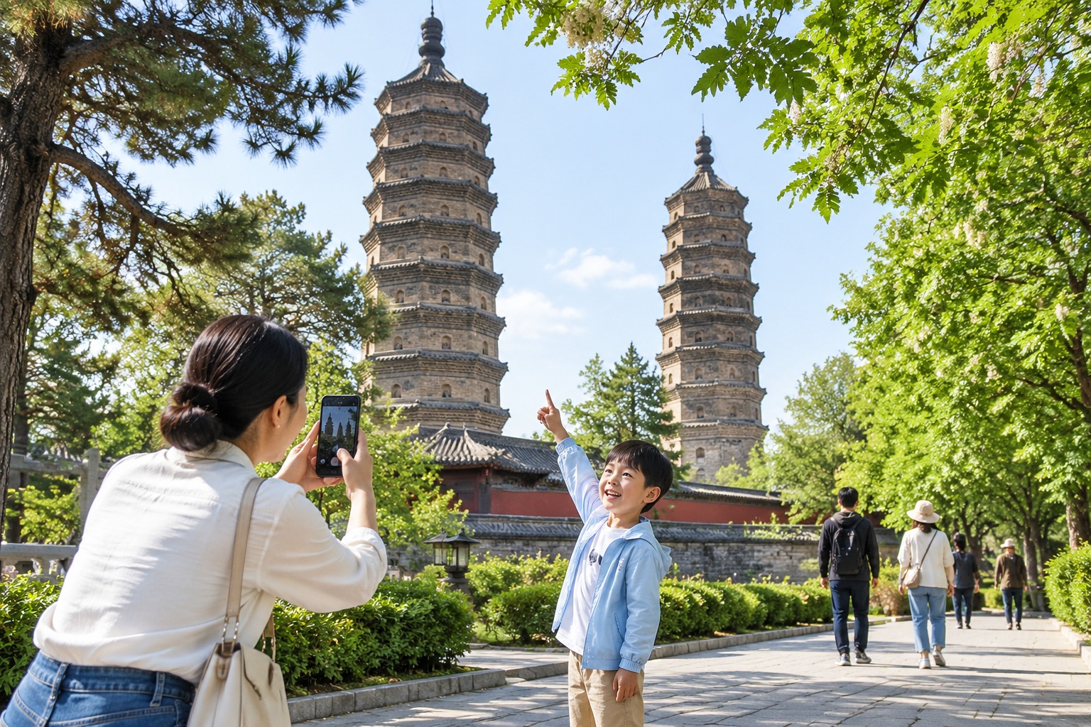 Taiyuan: Twin Pagodas of Yongzuo Temple – The Literary Symbols of Taiyuan 22 Two Ming dynasty brick pagodas of Yongzuo Temple in Taiyuan seen through trees as a mother photographs her son pointing at the towers