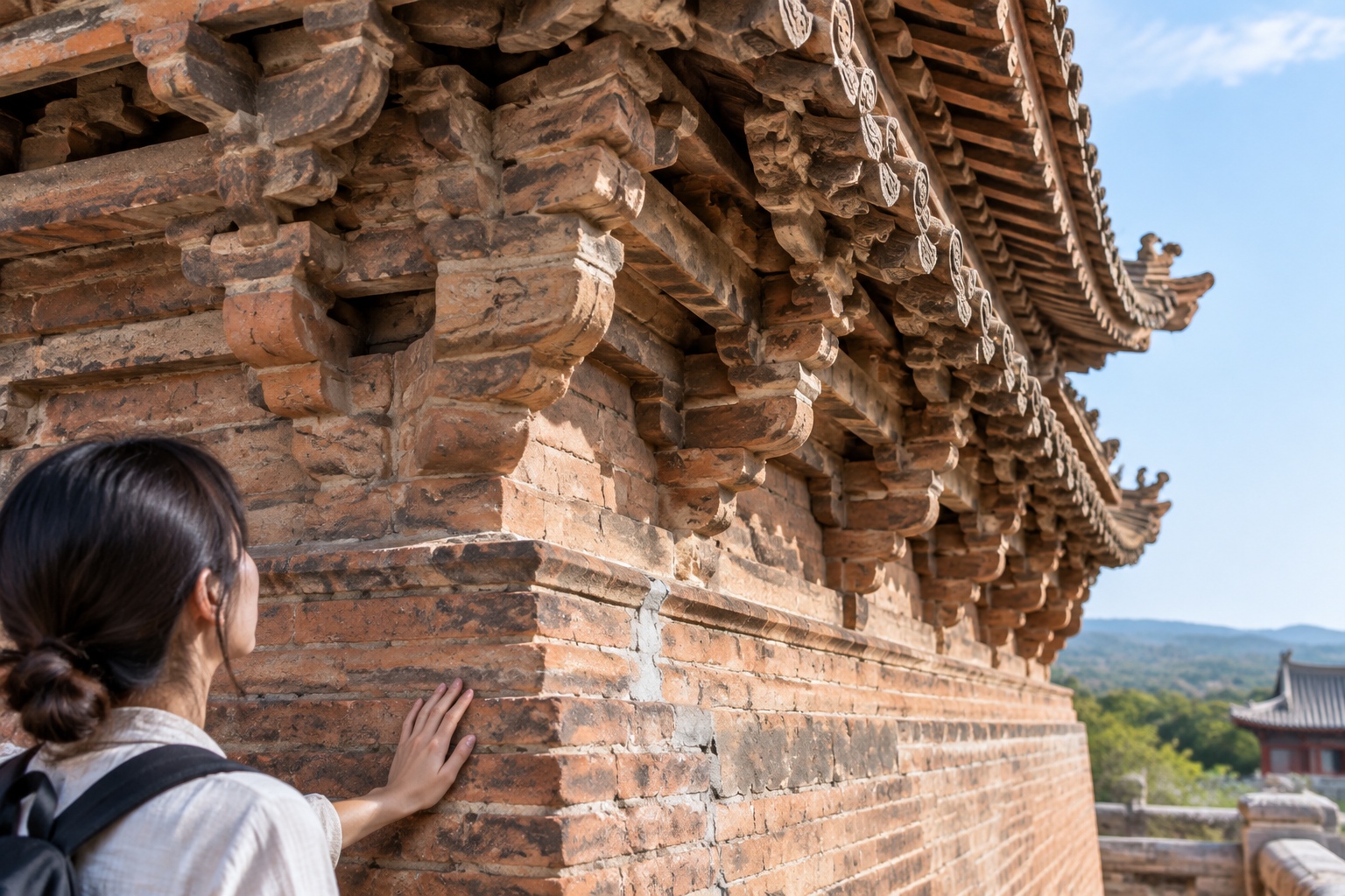 Taiyuan: Twin Pagodas of Yongzuo Temple – The Literary Symbols of Taiyuan 23 Close-up of Ming dynasty brick eaves and bracket details on a pagoda at Yongzuo Temple with a visitor's hand touching the wall