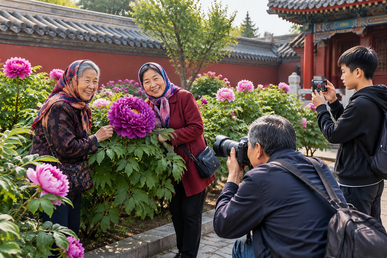 Taiyuan: Twin Pagodas of Yongzuo Temple – The Literary Symbols of Taiyuan 24 Visitors photographing purple tree peonies in bloom in the garden of Yongzuo Temple, Taiyuan, with an older woman posing beside the flowers