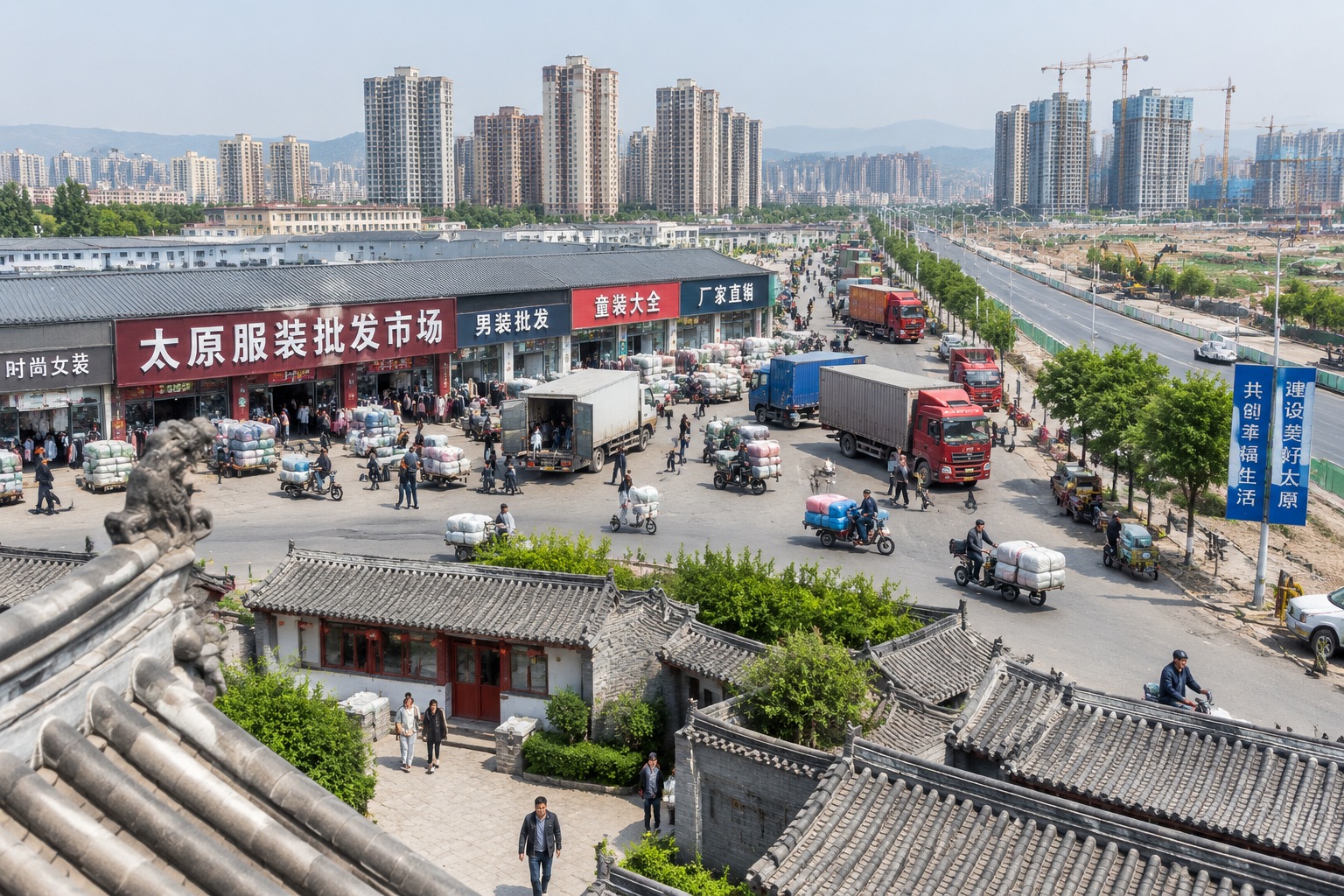 Taiyuan: Twin Pagodas of Yongzuo Temple – The Literary Symbols of Taiyuan 25 View from the top of a pagoda in Taiyuan showing old tiled roofs, a busy wholesale market and modern apartment towers beyond