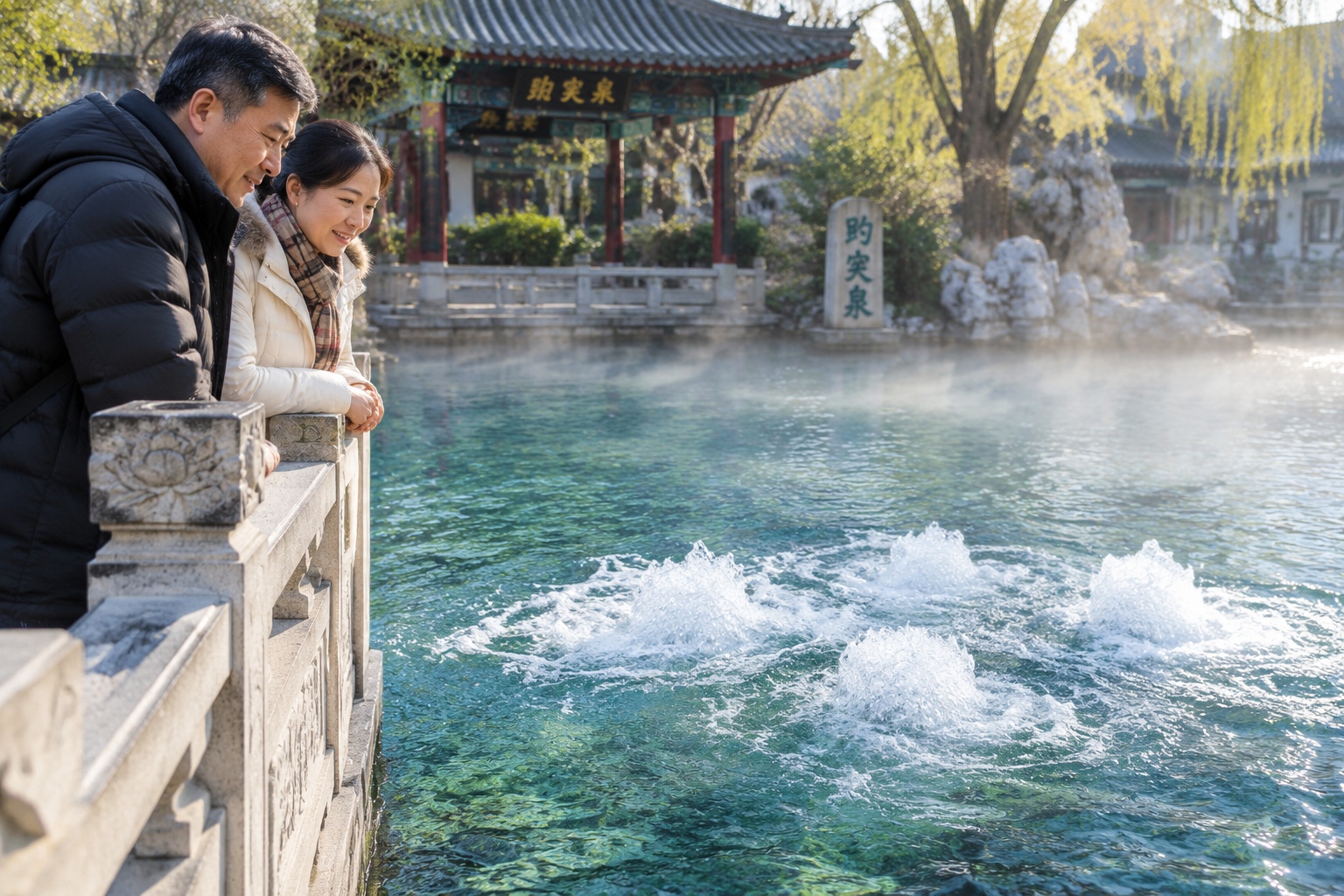 Three jets of water churning up through the Baotu Spring pool in Jinan on a misty early morning, with two visitors leaning on the stone railing
