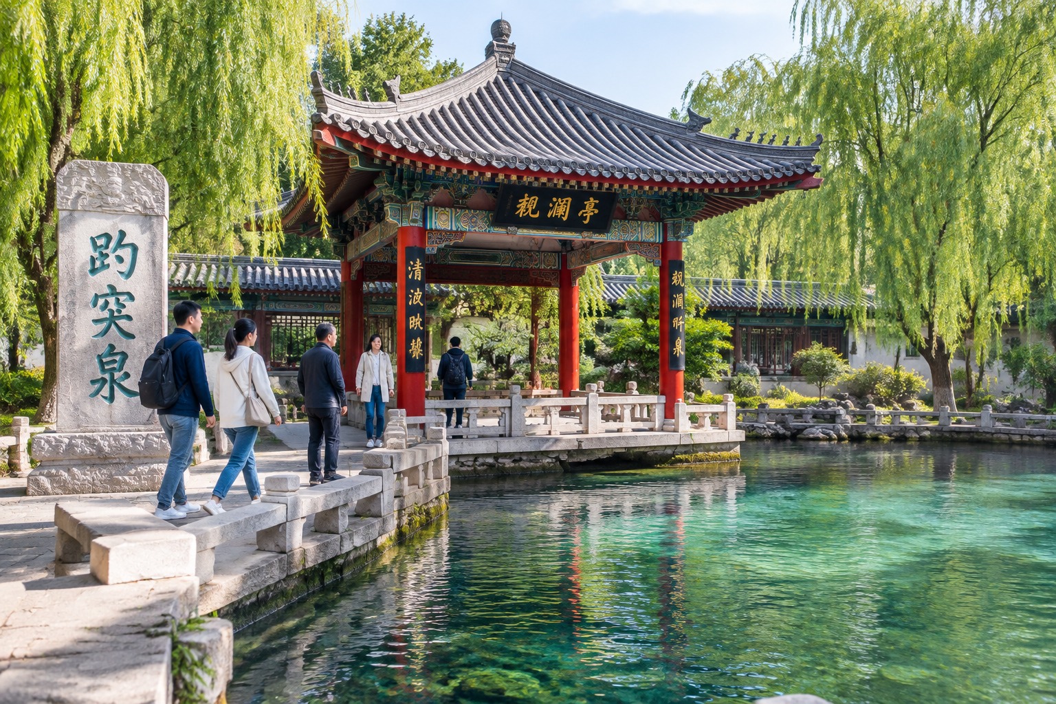 Guanlan Pavilion beside the spring pool at Baotu Spring Park in Jinan, with a carved stone stele and visitors walking past