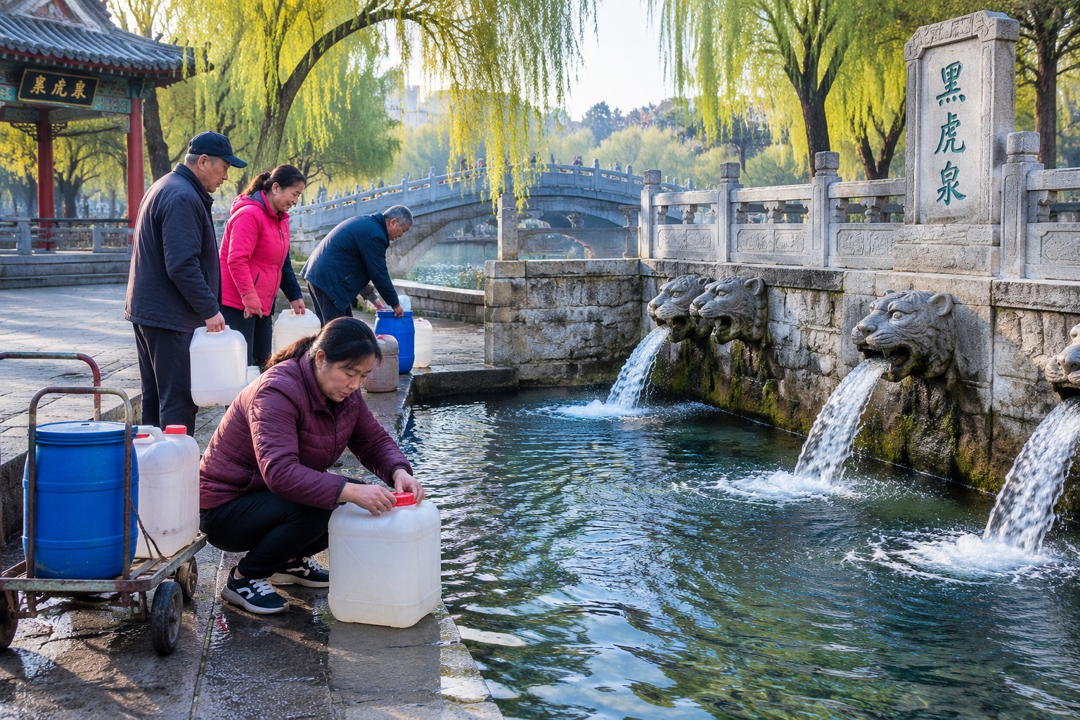 Residents filling plastic jugs and barrels with spring water from the stone tiger heads at Black Tiger Spring in Jinan