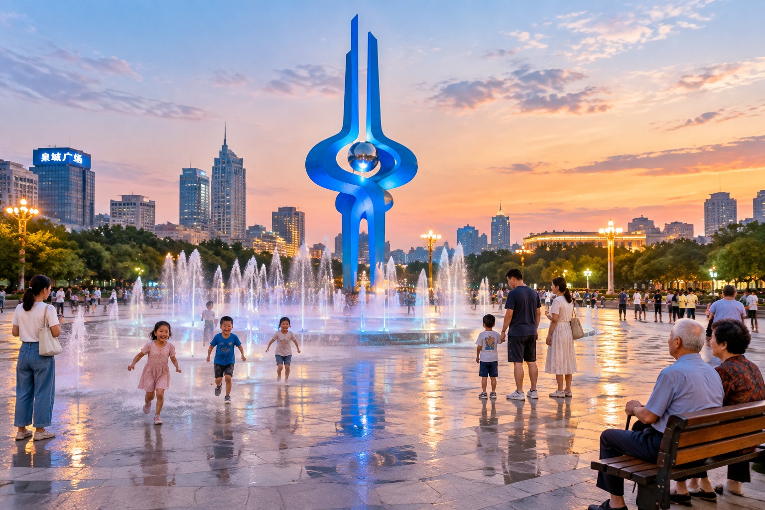 Families and children around the fountain at Quancheng Square in Jinan at dusk, with the blue spring sculpture in the background