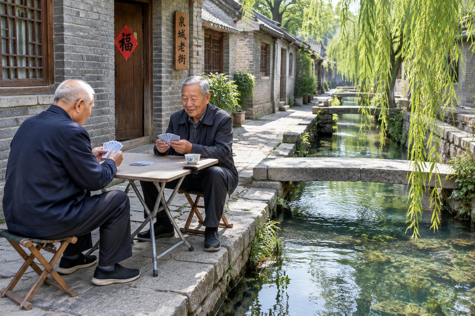 An old lane in Jinan's old town where spring water runs in an open channel past grey brick houses while two elderly men play cards beside it