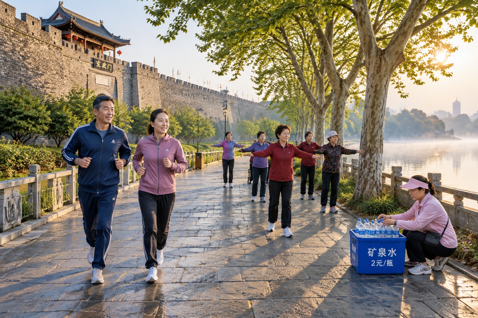 Early morning at Xuanwu Gate in Nanjing with joggers running past the Ming city wall near Xuanwu Lake