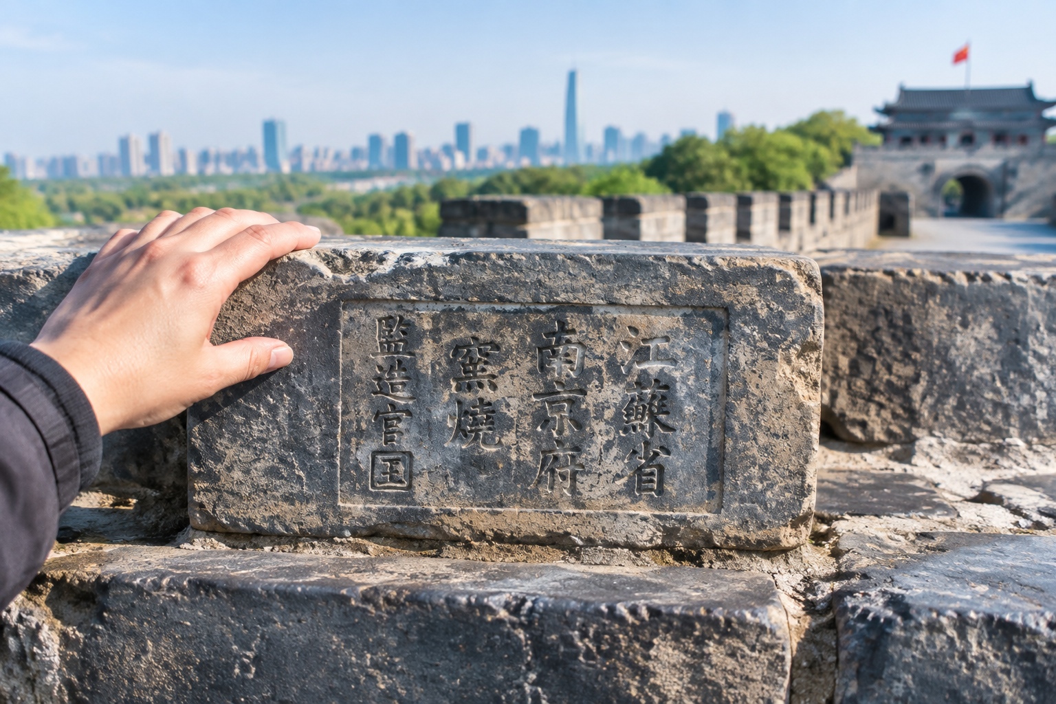 Close-up of a Ming dynasty city wall brick stamped with Chinese characters recording its kiln and inspector in Nanjing
