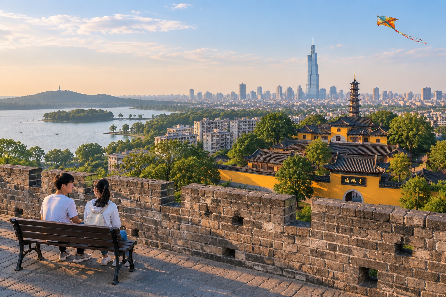 View from Nanjing's Ming city wall showing Jiming Temple, Xuanwu Lake and the modern city skyline