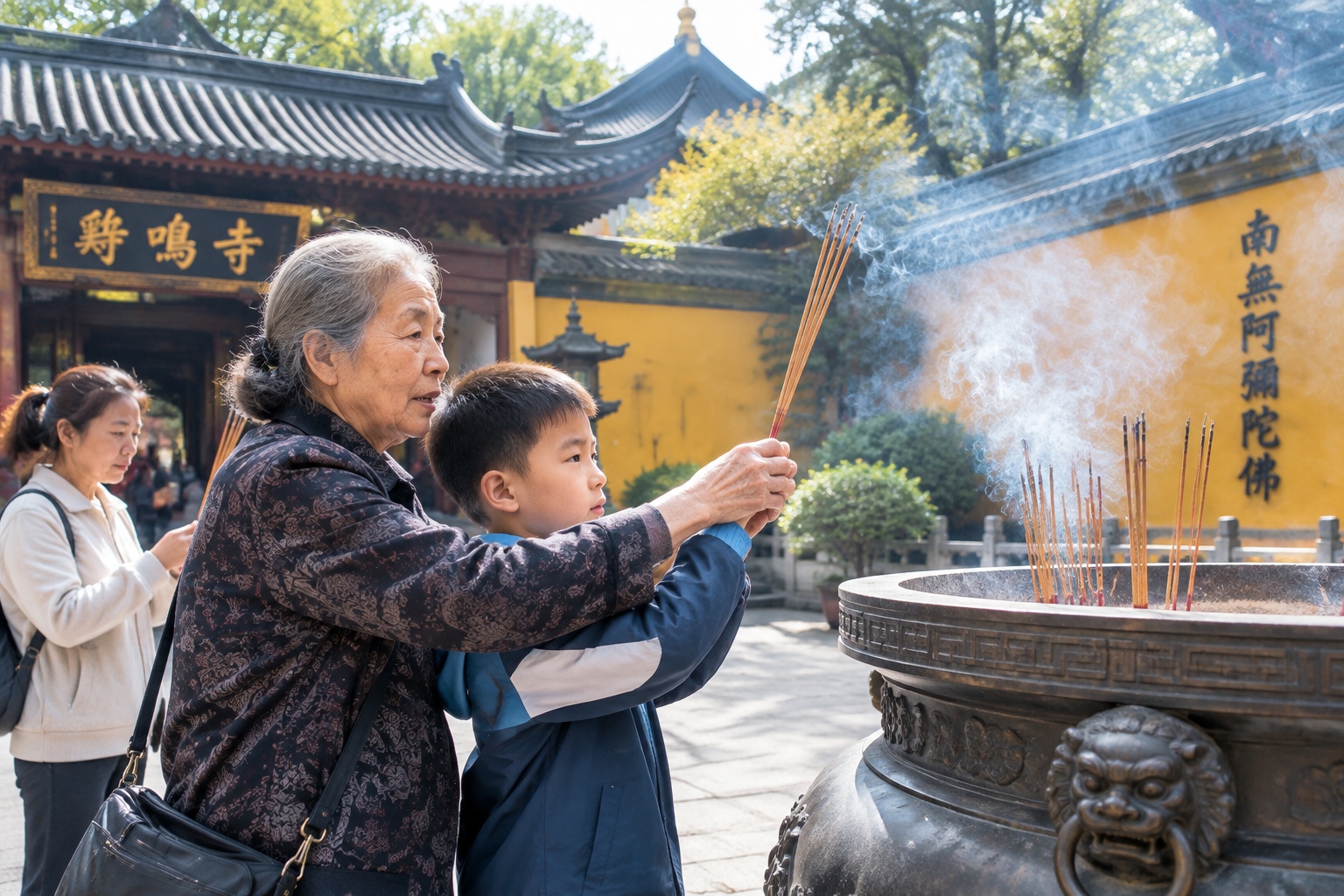 Worshippers burning incense in the courtyard of Jiming Temple in Nanjing
