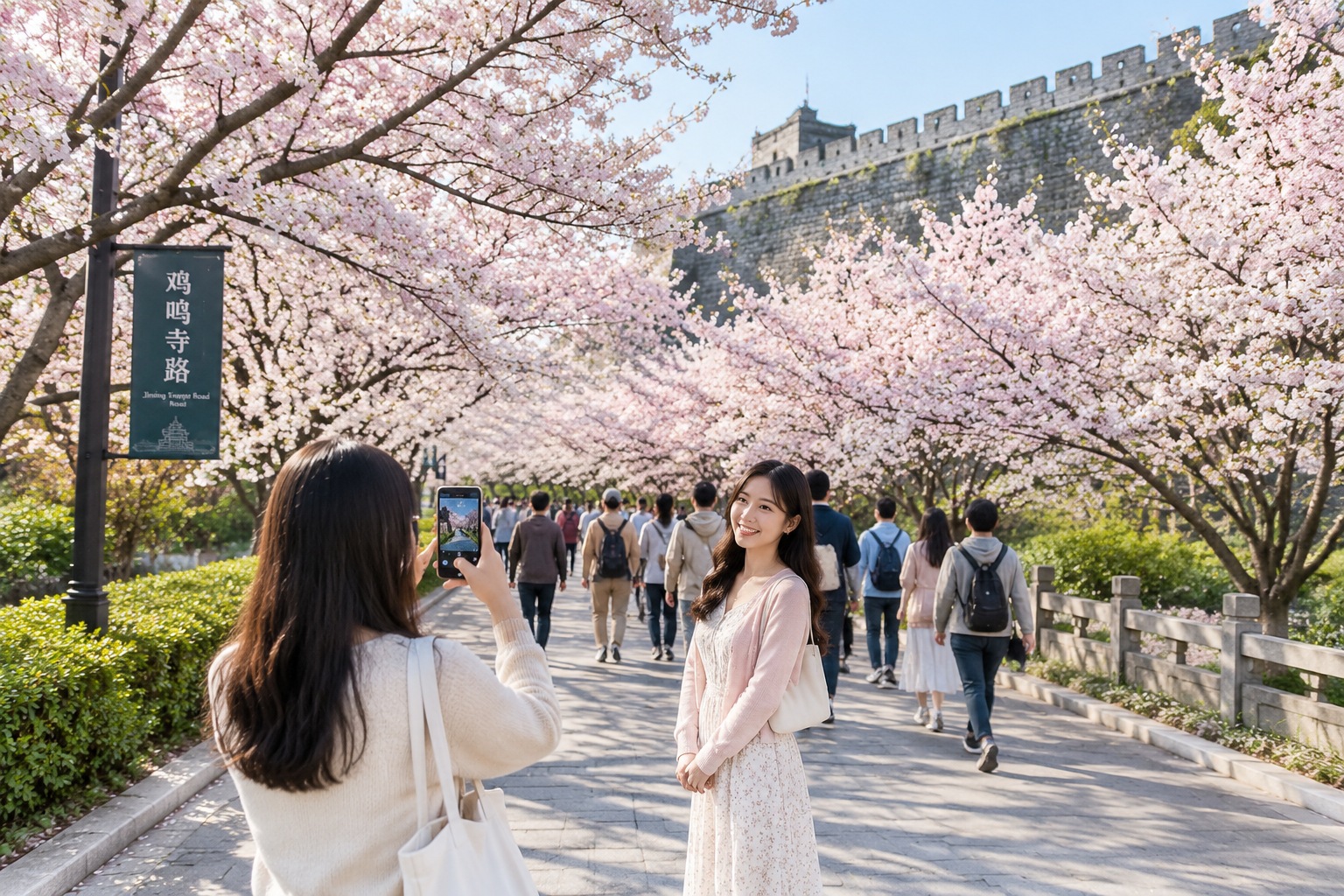 Cherry blossoms lining Jiming Temple Road in Nanjing with the Ming city wall rising behind the trees