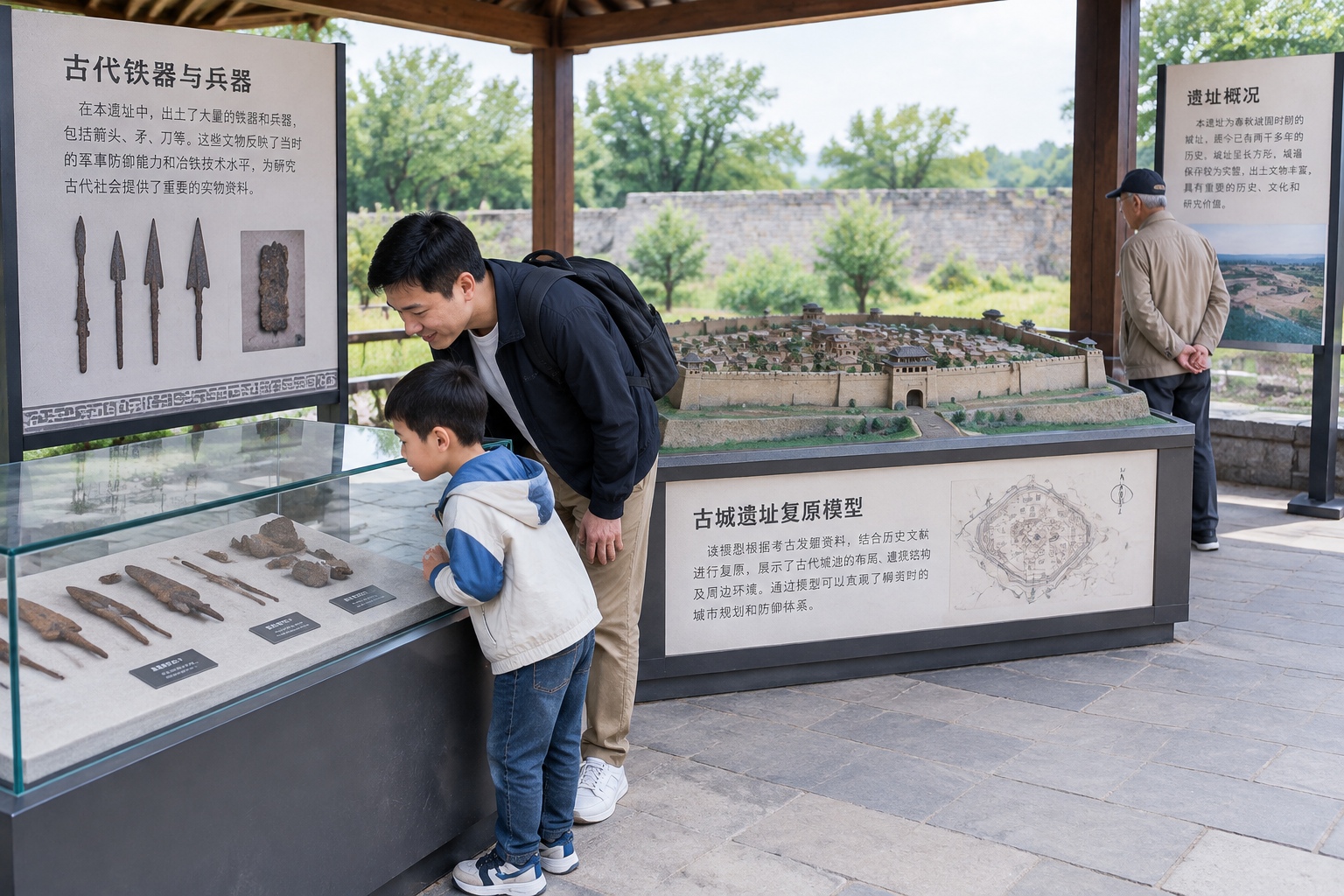 Visitors examining iron arrowheads and a scale model of an ancient walled city at an open-air archaeological display in Hefei's Three Kingdoms Relics Park