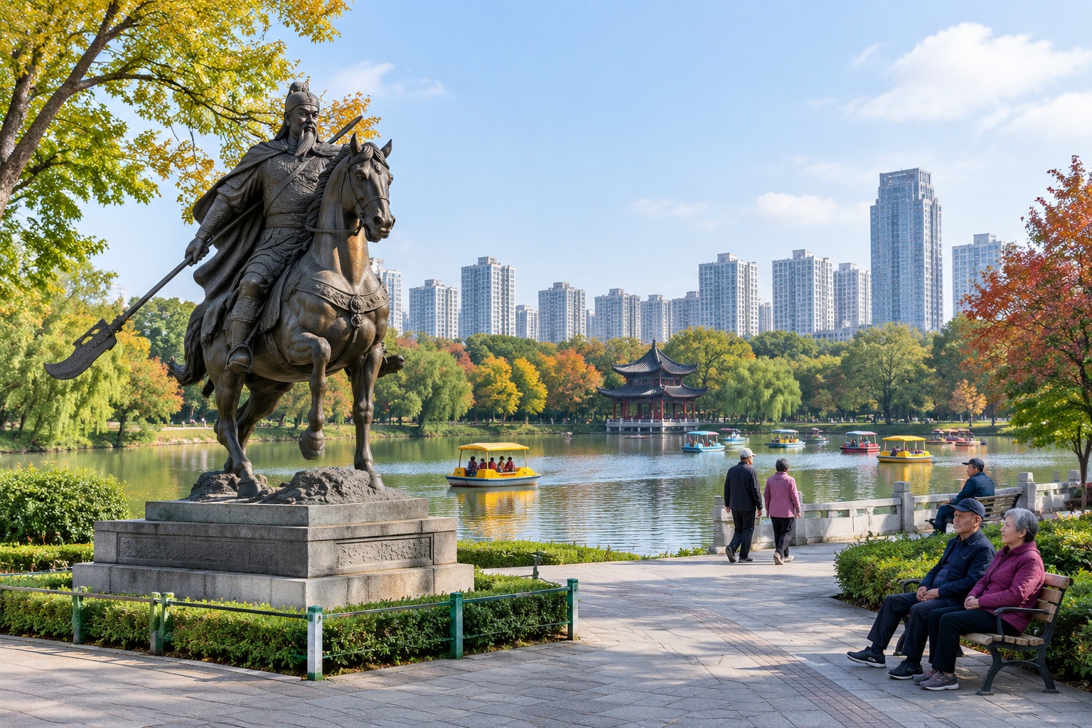 Statue of Three Kingdoms general Zhang Liao in Xiaoyaojin Park in downtown Hefei, with a lake, pedal boats and city apartment towers behind