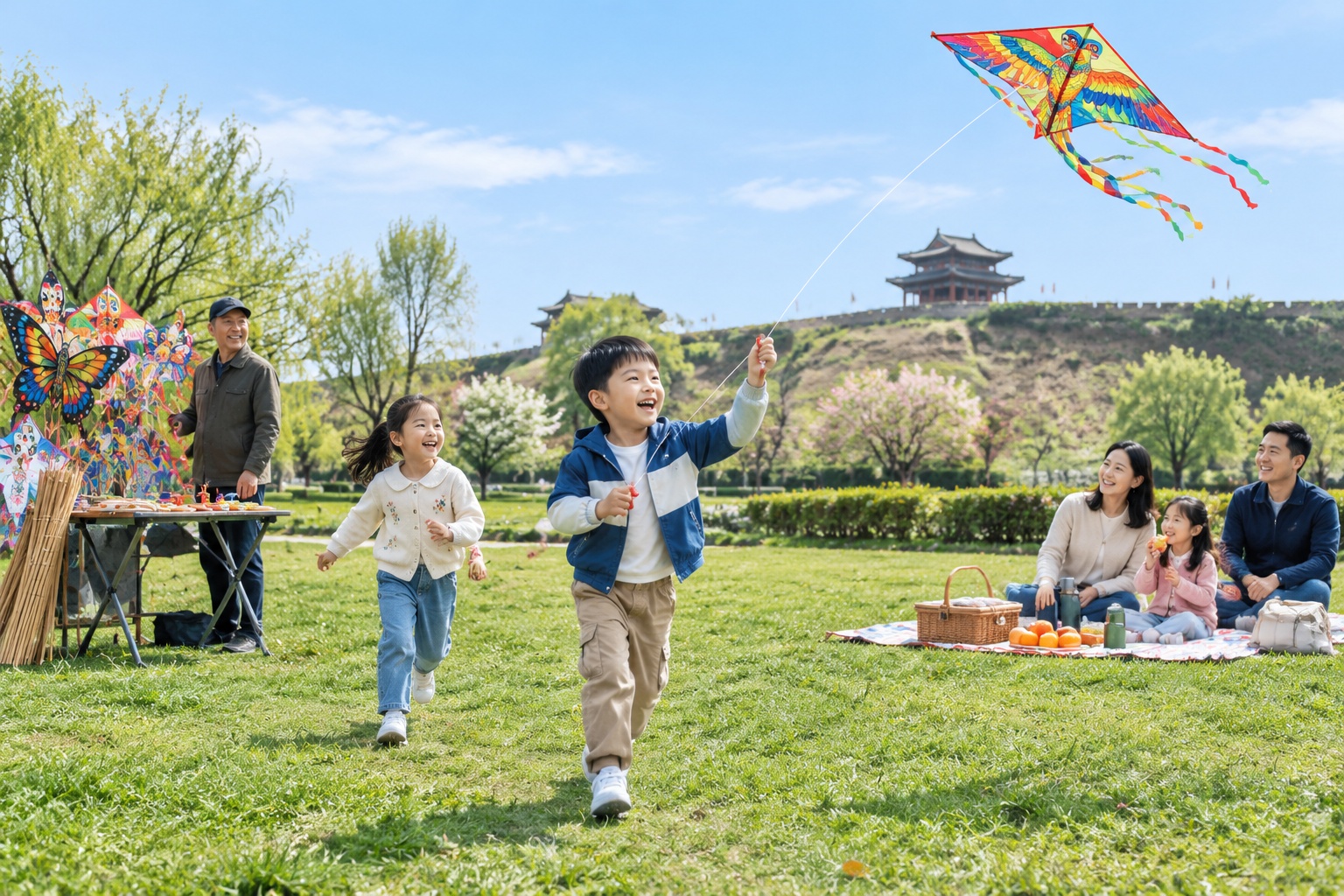 Children flying a kite and families picnicking on the lawn of Hefei's Three Kingdoms Relics Park, with the grassy earthwork of an ancient city wall behind them