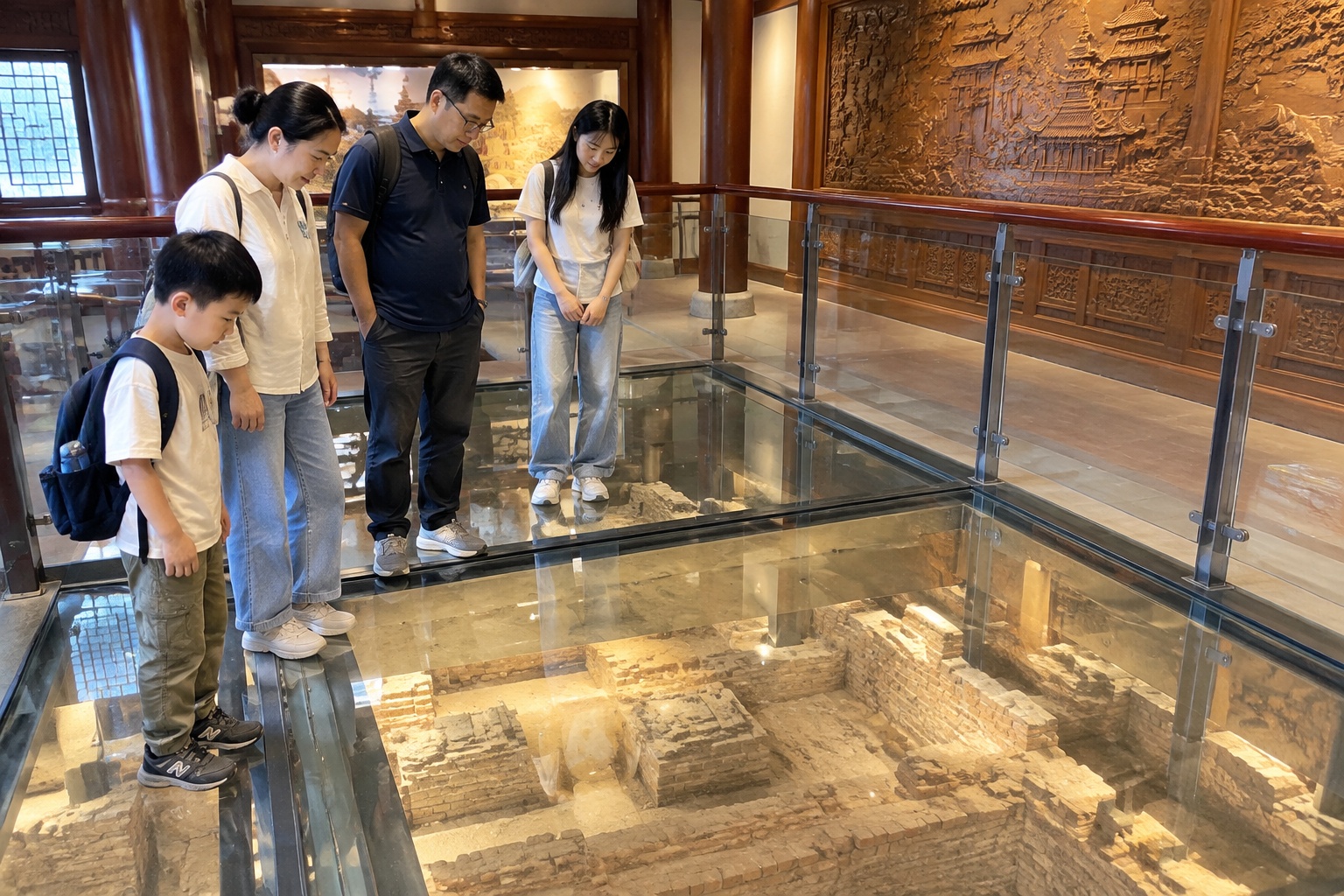 Hangzhou: Leifeng Pagoda – A Legendary Tower Overlooking West Lake 22 Visitors standing on a glass floor inside Leifeng Pagoda, looking down at the excavated brick foundation of the original 10th-century tower in Hangzhou
