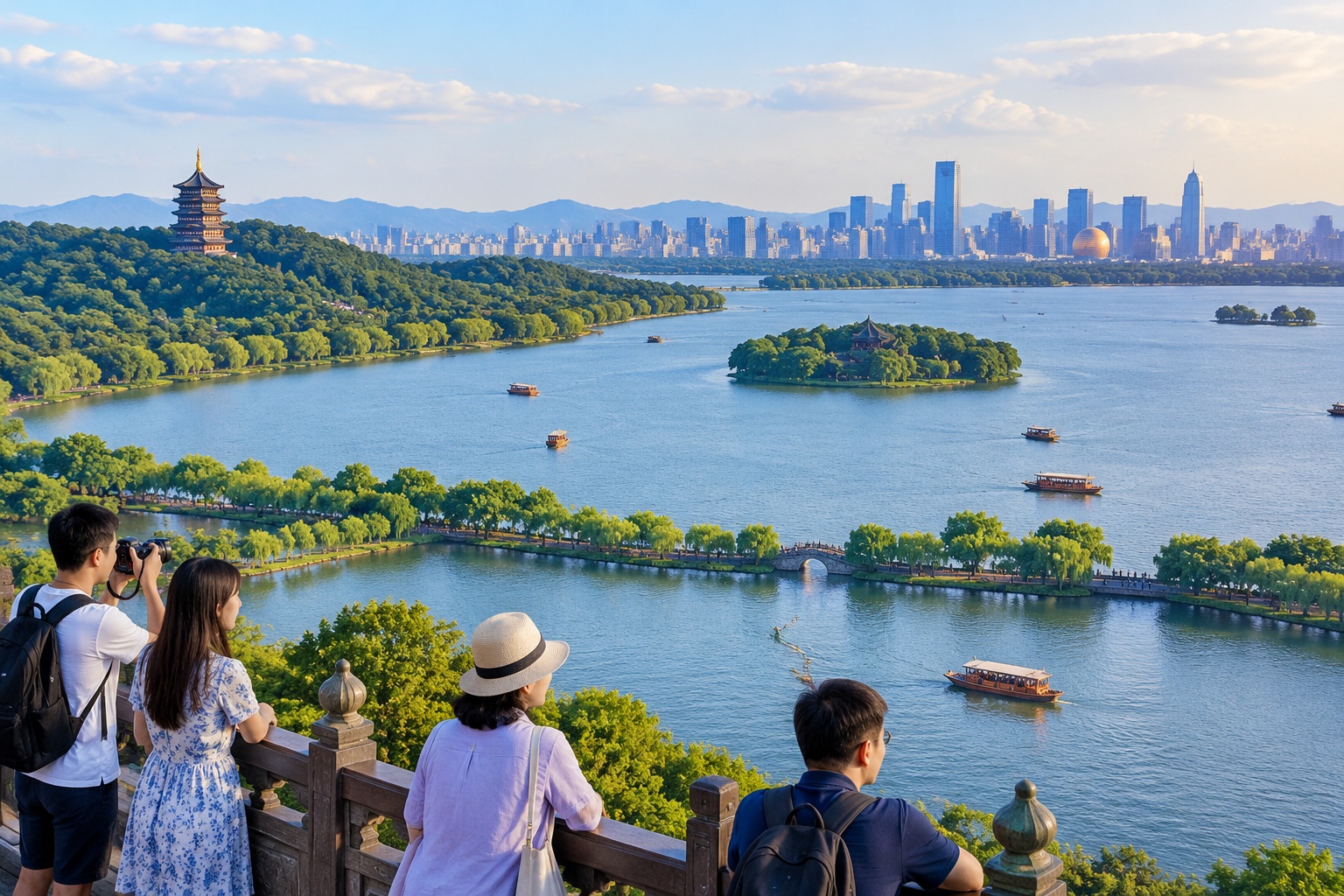 Hangzhou: Leifeng Pagoda – A Legendary Tower Overlooking West Lake 23 View of West Lake, its causeways and the Hangzhou city skyline from the top floor of Leifeng Pagoda in the late afternoon