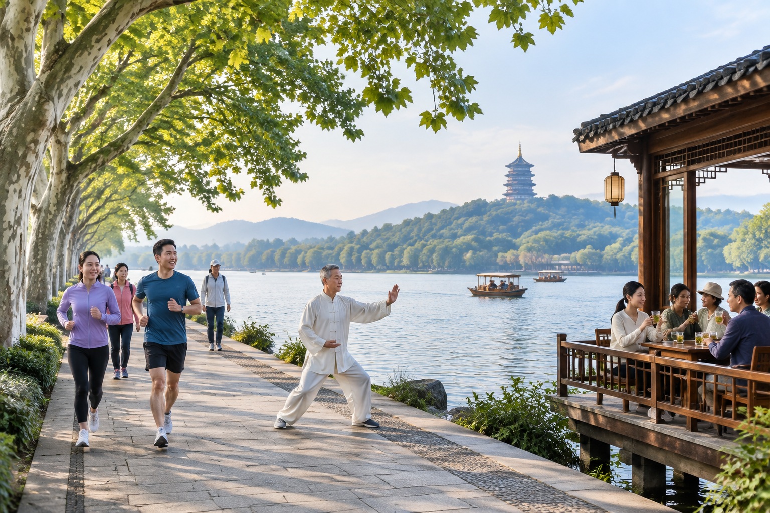 Hangzhou: Leifeng Pagoda – A Legendary Tower Overlooking West Lake 24 People jogging along the Su Causeway and drinking Longjing tea by West Lake in the early morning, with Leifeng Pagoda across the water