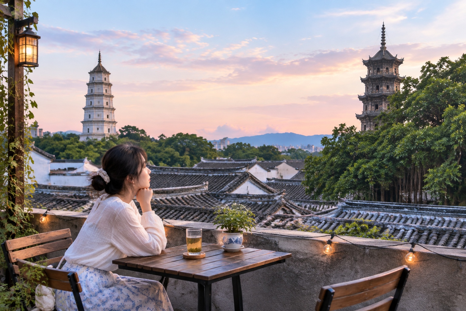 White and black pagodas seen at dusk above grey tiled roofs and banyan trees from a rooftop in Fuzhou, China