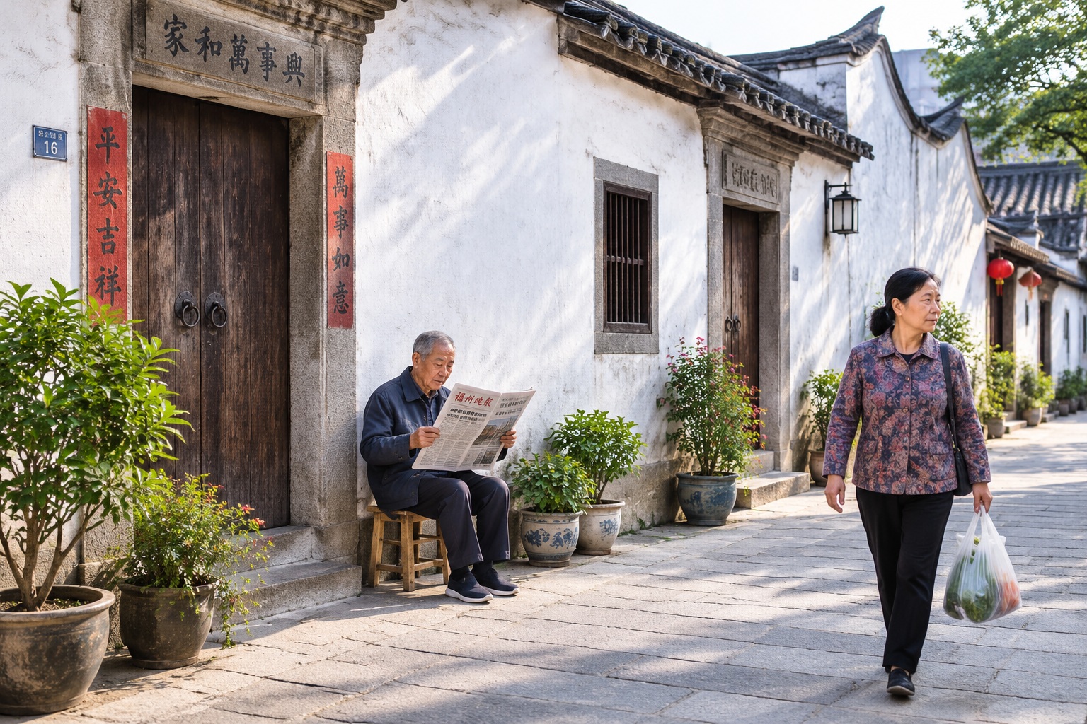 Elderly resident sitting outside a white-walled courtyard house in the Three Lanes and Seven Alleys neighborhood of Fuzhou in the morning