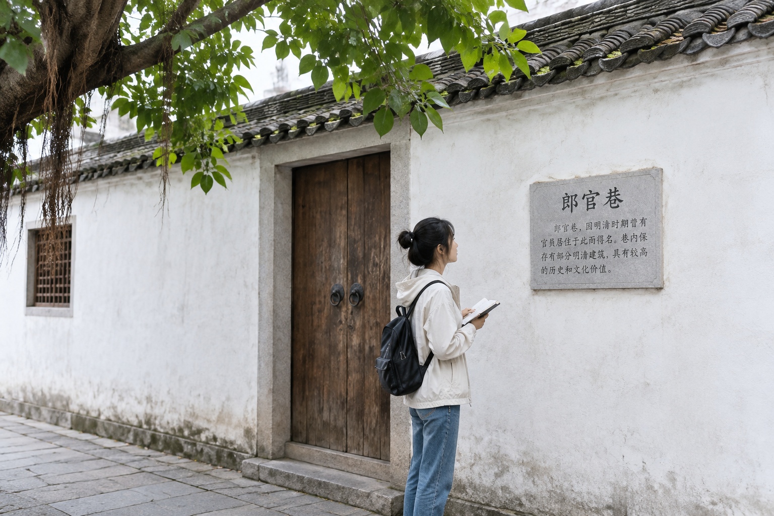 Visitor reading the plaque outside Yan Fu's former residence on Langguan Alley in Fuzhou's Three Lanes and Seven Alleys