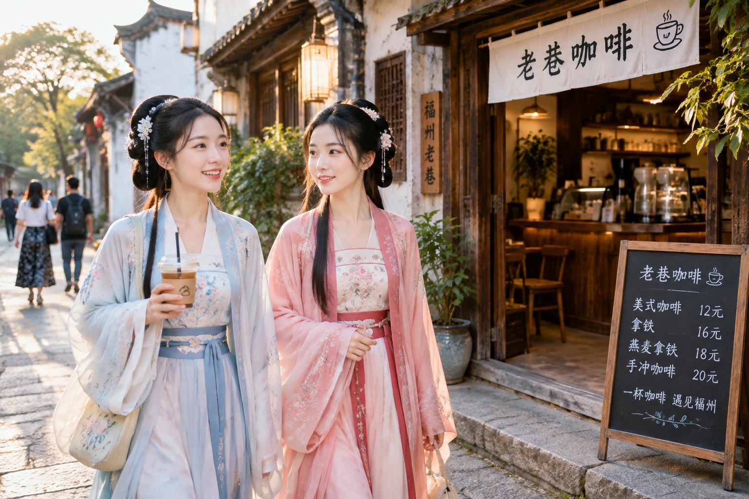 Young women in traditional hanfu holding coffee while walking through a restored lane in Fuzhou's Three Lanes and Seven Alleys