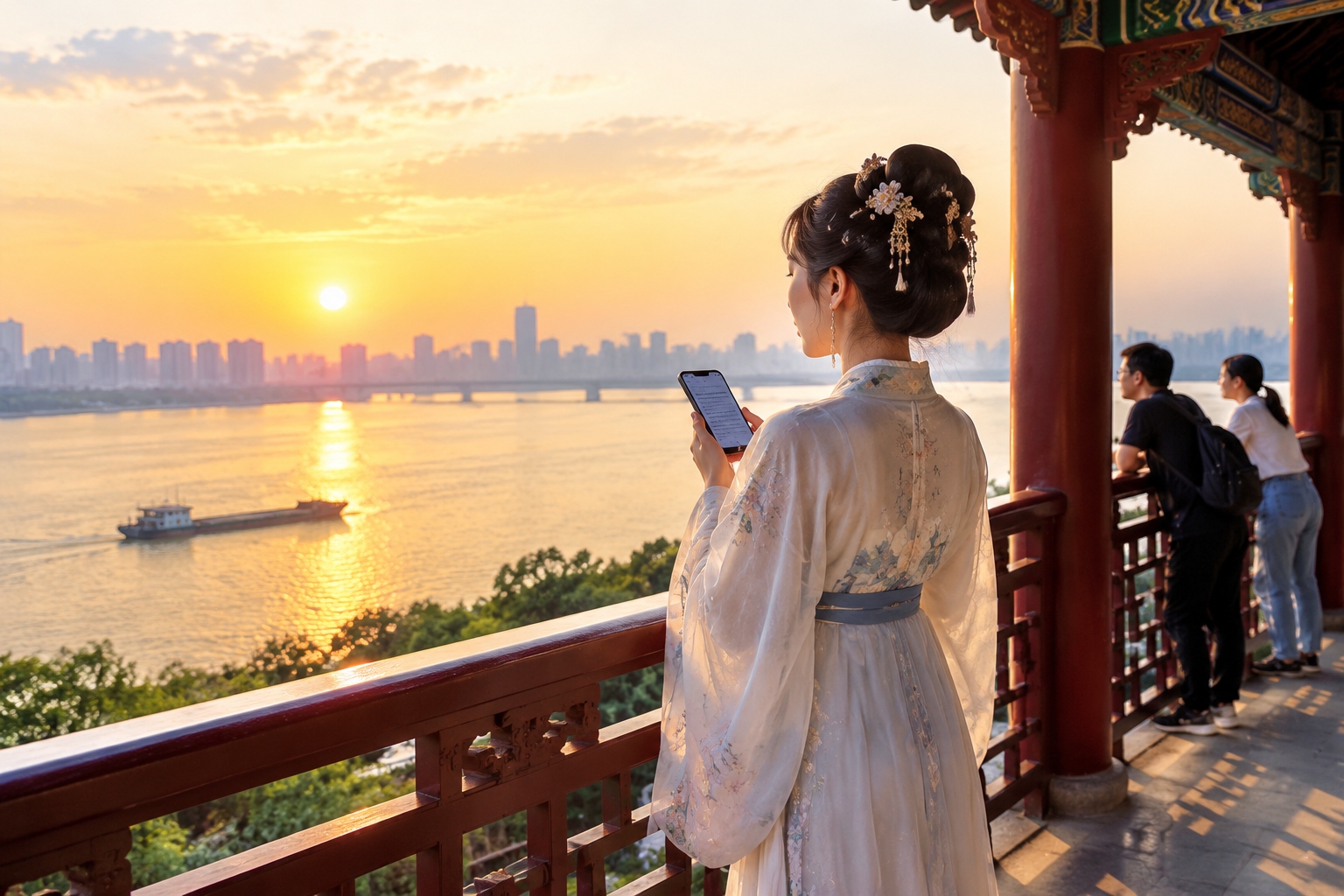 A woman in a Tang-style hanfu robe reading the Preface to the Pavilion of Prince Teng aloud from her phone on the fifth-floor gallery at sunset, with the Gan River below