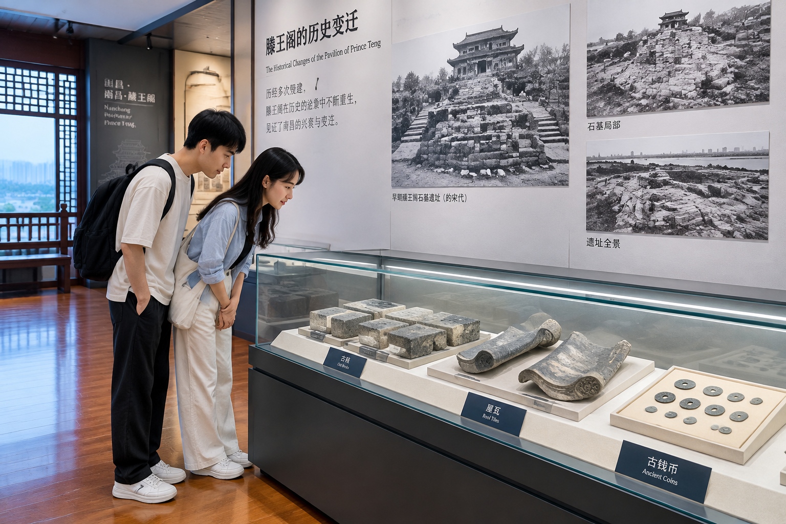 Display cases of old bricks, roof tiles and repair records inside the Pavilion of Prince Teng's museum room, with visitors reading labels
