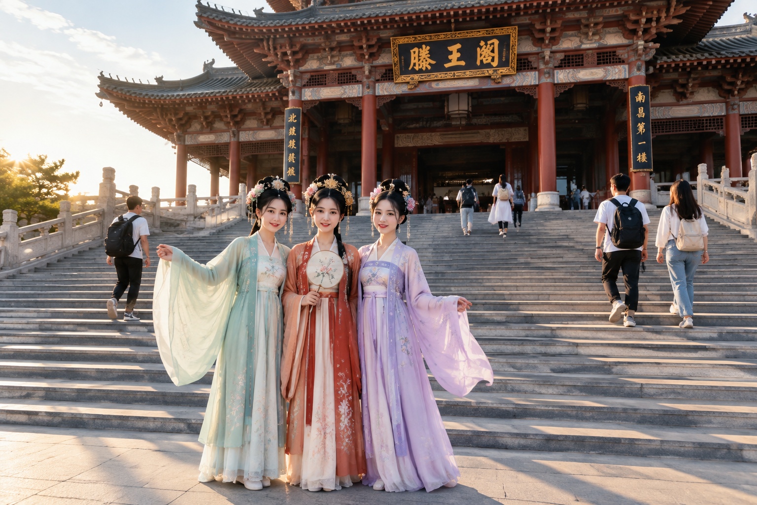 Young women in rented Tang-dynasty hanfu posing for photos on the stone steps in front of the Pavilion of Prince Teng in Nanchang