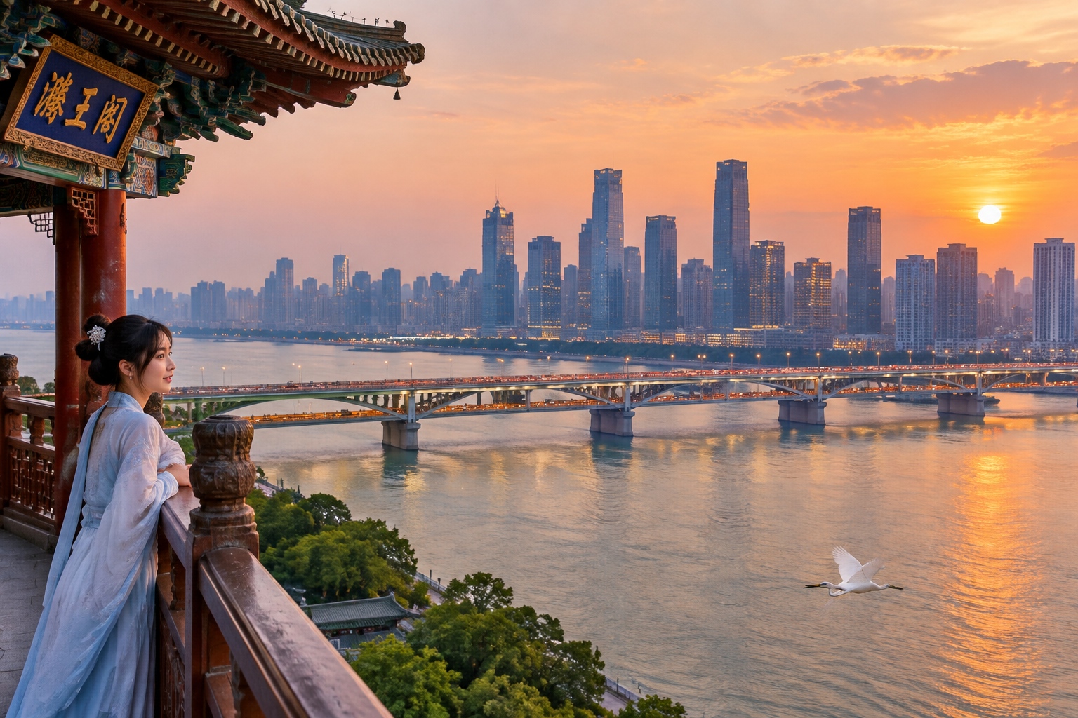 Sunset view from the top of the Pavilion of Prince Teng over the Gan River and the double-deck Bayi Bridge in Nanchang