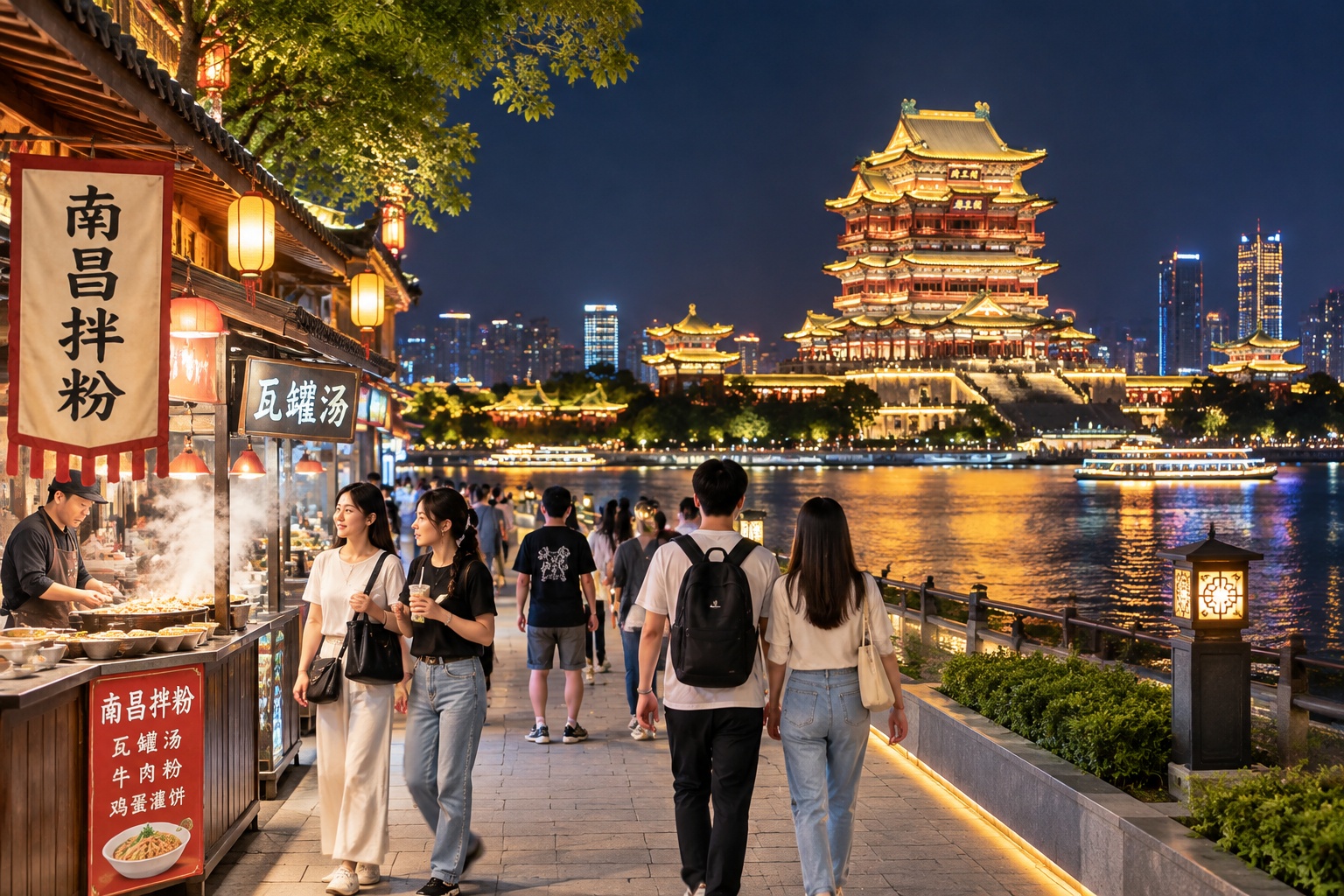 The illuminated Pavilion of Prince Teng at night seen from the shopping street outside its north gate, with snack stalls and pedestrians