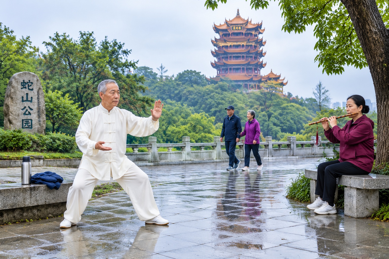 A retiree practices tai chi on wet stone paving in Snake Hill Park below Yellow Crane Tower in Wuhan on an early autumn morning.
