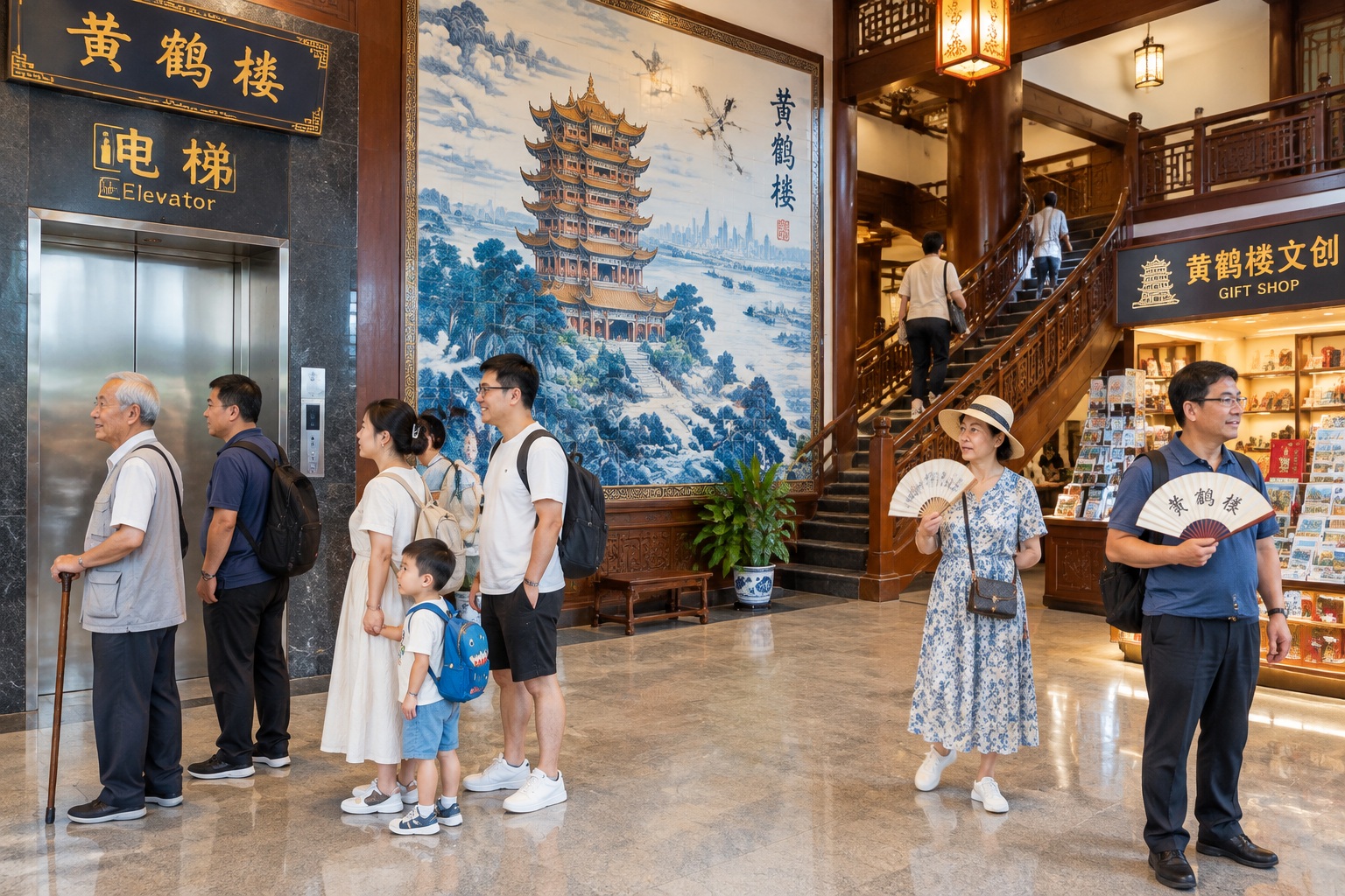 Visitors queue for the elevator inside Yellow Crane Tower in Wuhan, with a ceramic mural and wooden staircase behind them.