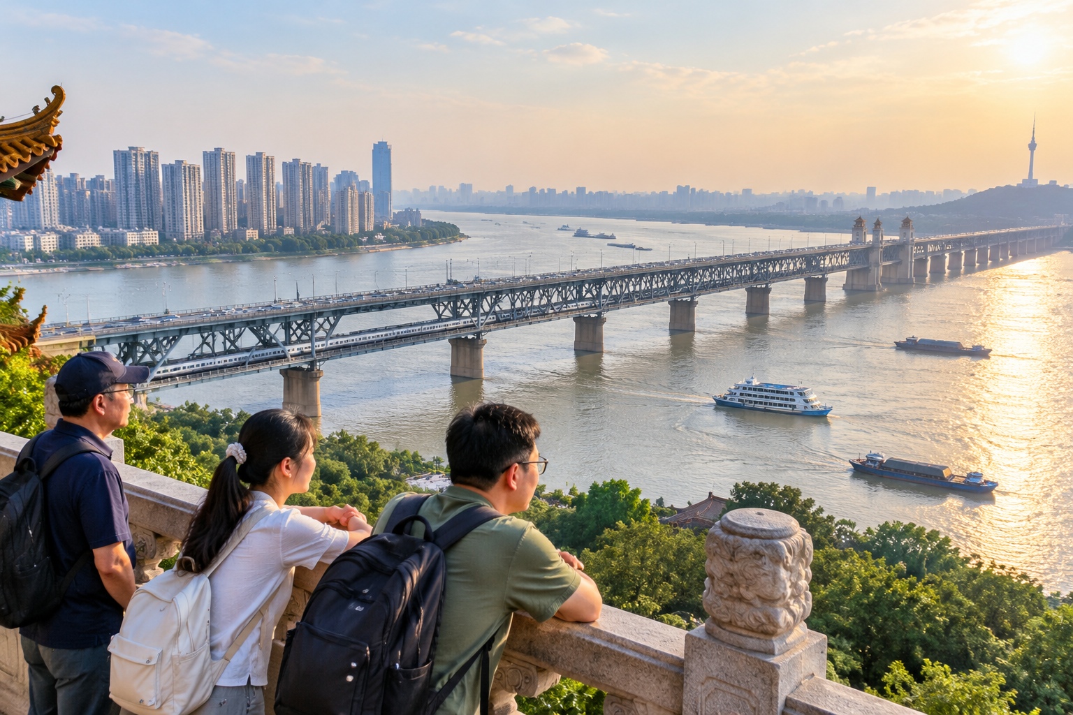 A train crosses the lower deck of the Wuhan Yangtze River Bridge as seen from the top gallery of Yellow Crane Tower.