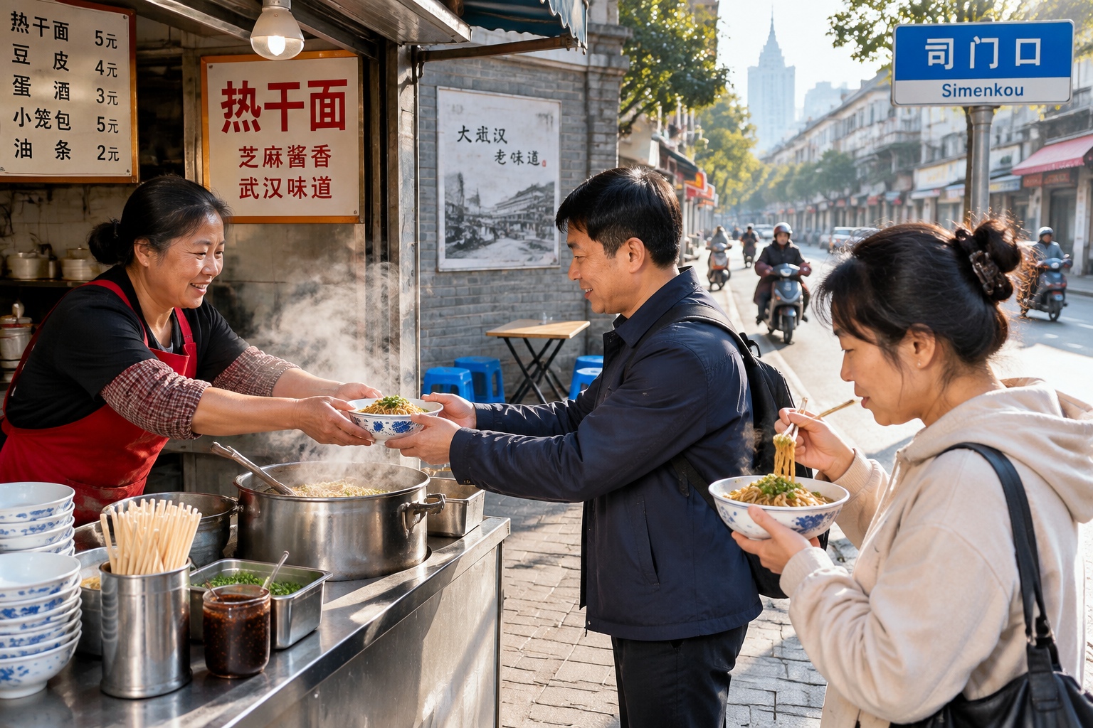 Customers eat bowls of hot dry noodles standing on the sidewalk at a street breakfast stall in Wuchang, Wuhan.